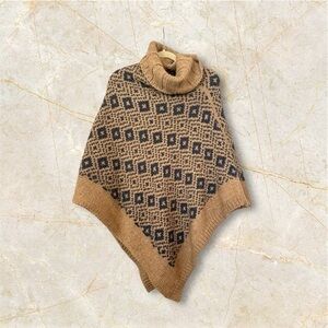 Fratelli Italian Alpaca Wool Blend Tan & Blue Shawl Poncho One Size